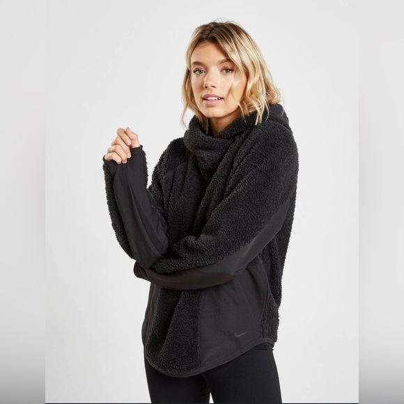 Nike Jackets & Blazers - Nike Hoodie Womens Black Sherpa Fleece Training Pullover Fuzzy AR7404 Size Small